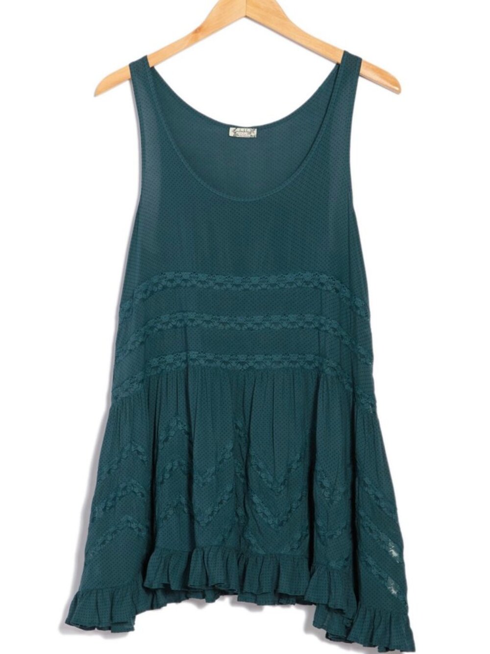 FREE PEOPLE Voile and Lace Inset Trapeze Slip Dress Swingy Tunic Turquoise Sz XS